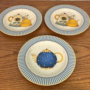 3 Sakura Salad/Bread Plates Teapots Pattern 8” Debbie Mumm 1998